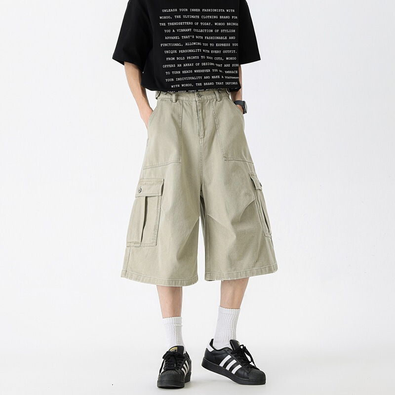 American Retro Workwear Men's High Street Wide-Leg Shorts with Large Pockets, Casual Mid-Length Pants, Washed and Distressed, Apricot Color Shorts