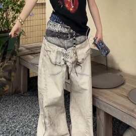 美式街头大码水洗做旧重工双腰印花牛仔裤女宽松垂感阔腿弯刀长裤