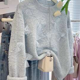 欧洲站2025年冬装新款流行女装毛衣网纱蝴蝶结装饰宽松显瘦显气质