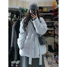 蓝色羽绒服女款冬季2025新款小个子系带收腰显瘦保暖棉衣棉服外套