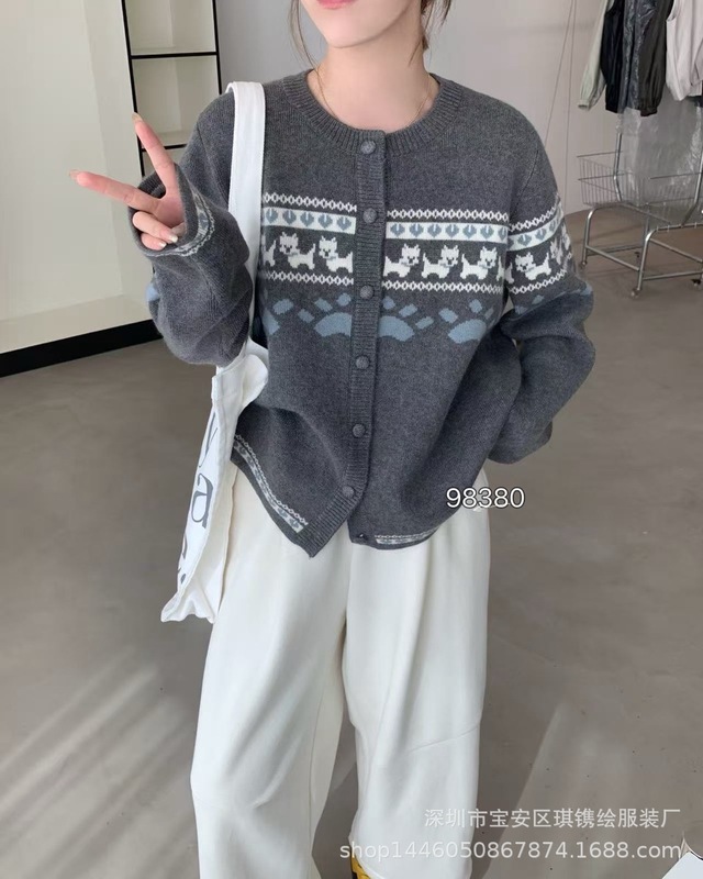 琪镌绘制韩版宽松提花设计长袖开衫秋季新款显瘦百搭上衣女98380|undefined
