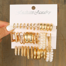 欧美跨境新款复古几何C型合金珍珠耳环套装6对装女时尚高级感耳饰