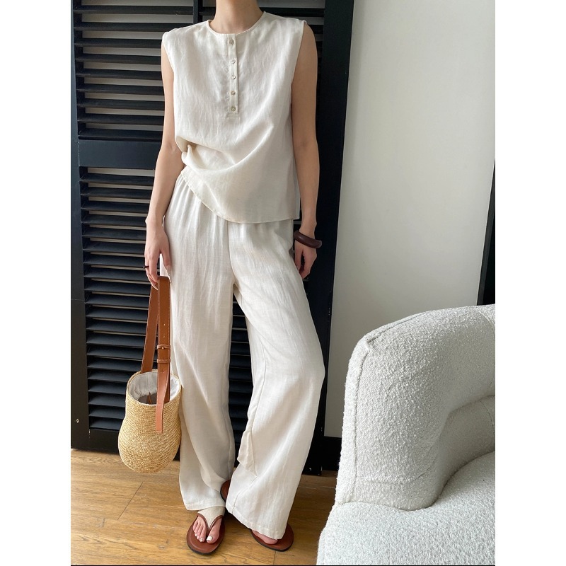 司南老钱vibe天丝亚麻混纺无袖背心宽松直筒休闲裤套装