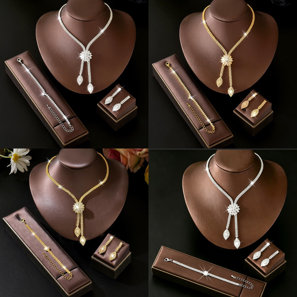 Cross-Border Amazon European and American Flower Rhinestone Necklace Light Luxury Bridal Jewelry Wedding Photography Set Women's Manufacturer Wholesale