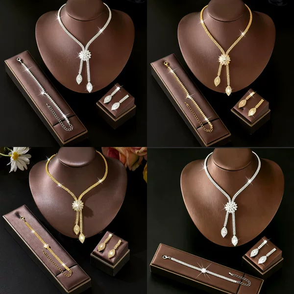 Cross-Border Amazon European and American Flower Rhinestone Necklace Light Luxury Bridal Jewelry Wedding Photography Set Women's Manufacturer Wholesale