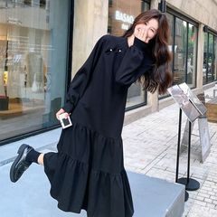 新中式国风盘扣连衣裙女特大码300斤显瘦胖mm长袖卫衣鱼尾长裙