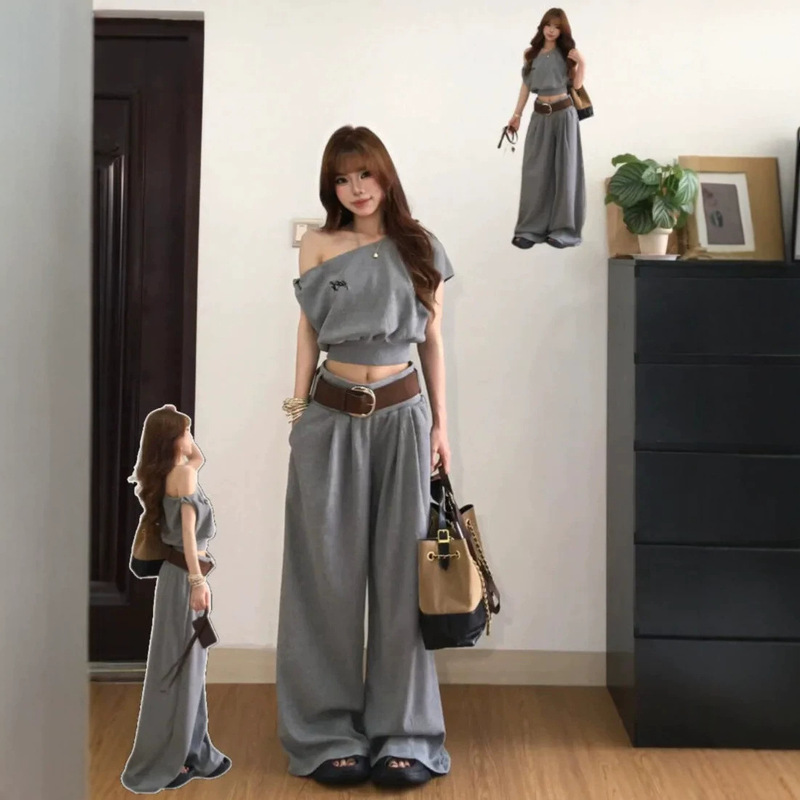 Korean-Style Atmospheric Outfit Set for Women, Summer Youthful Slim-Fit Embroidered Top and High-Waisted Casual Pants Two-Piece Trendy Set Korean-Style Atmospheric Outfit Set for Women, Summer Youthful Slim-Fit Embroidered Top and High-Waisted Casual Pants Two-Piece Trendy Set