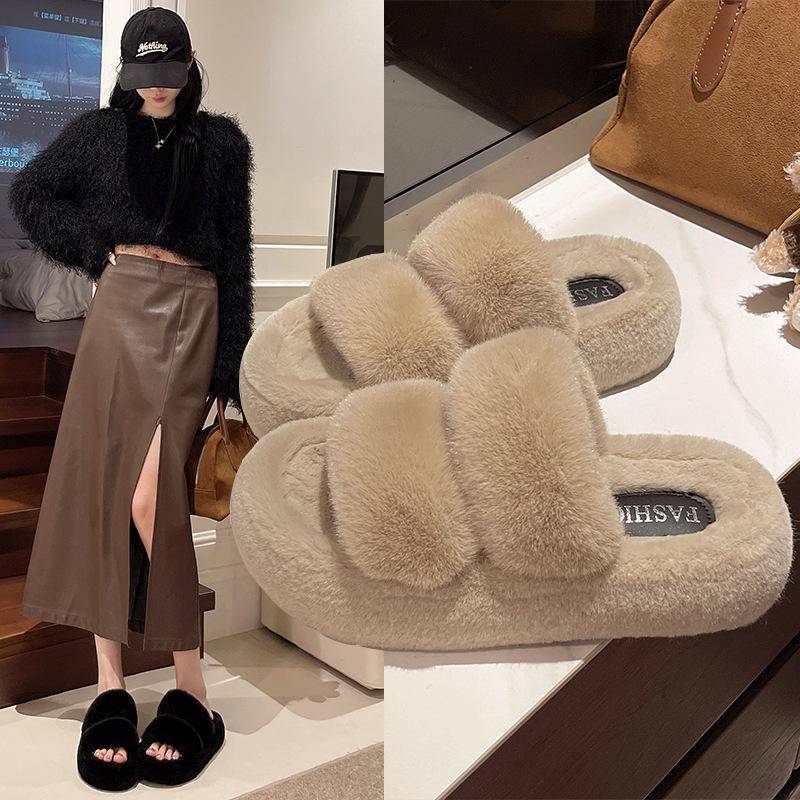 Open Toed Hairy Slippers For Women In Autumn And Winter, New Style For Outdoor Wear, Warm And Thick Soled, Double Straps, Outdoor Cotton Slippers_vogvips.com