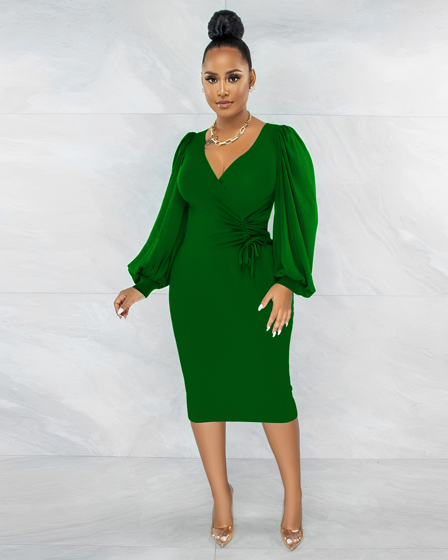 Fashion Solid Color V Neck Long Sleeve Zipper Polyester Midi Dress Regular Dress display picture 2