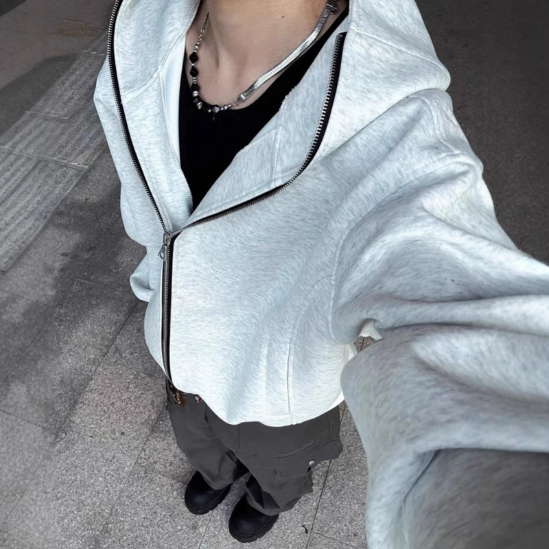 Autumn and winter American heavy three-dimensional hooded sweater zipper cardigan short wide boxy coat jacket for men and women couples Autumn and winter American heavy three-dimensional hooded sweater zipper cardigan short wide boxy coat jacket for men and women couples