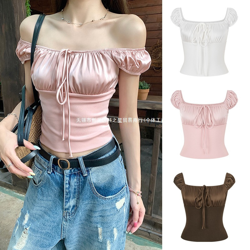 Mosesqueen Pink One-Shoulder Short-Sleeve T-Shirt with Tie, Sexy Short Top, Off-Shoulder, Sleeveless Mosesqueen Pink One-Shoulder Short-Sleeve T-Shirt with Tie, Sexy Short Top, Off-Shoulder, Sleeveless