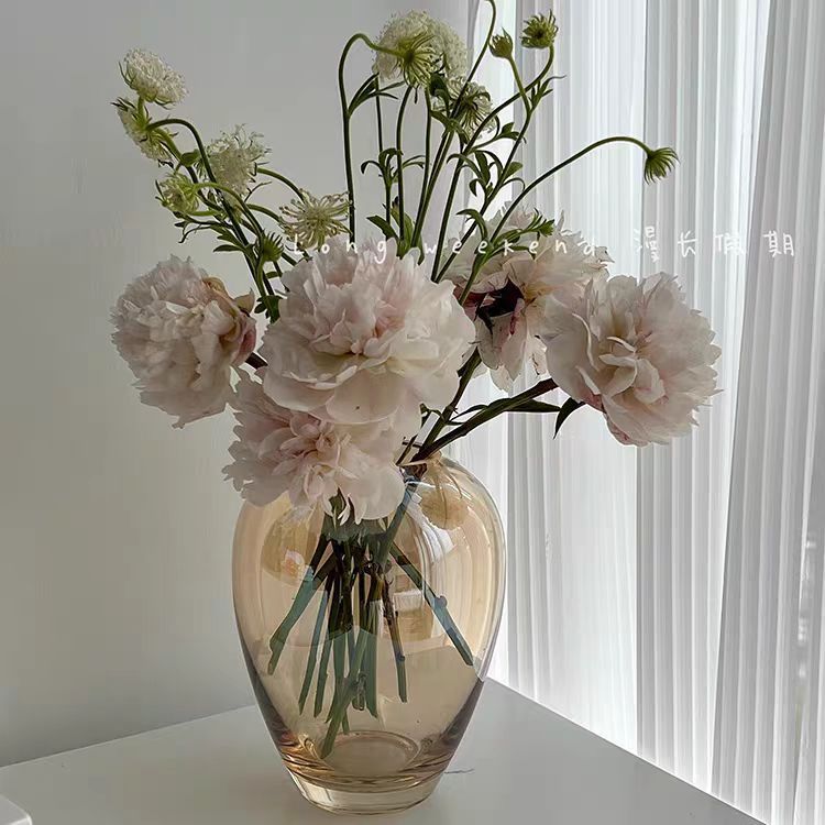New Simple Brown Transparent Handmade Grid Glass Vase Living Room Balcony Dining Table Flower Soft Decorations Ornaments