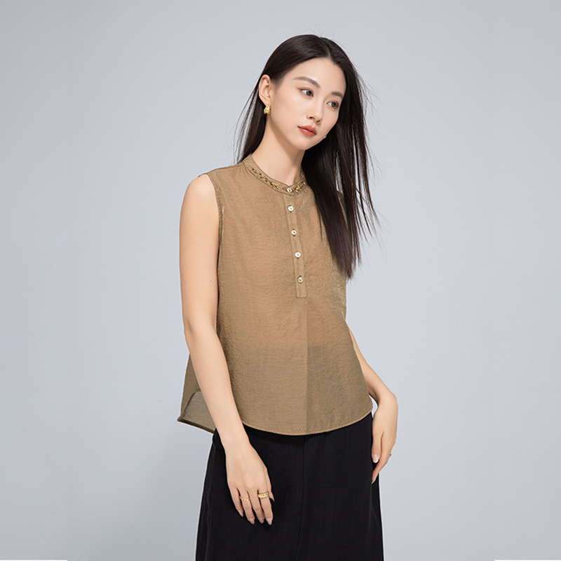 Xinge Tencel Acetate Sleeveless Shirt Women's 2025 Summer Thin Hand-Stitched Beaded Small Stand-Up Collar Elegant Top