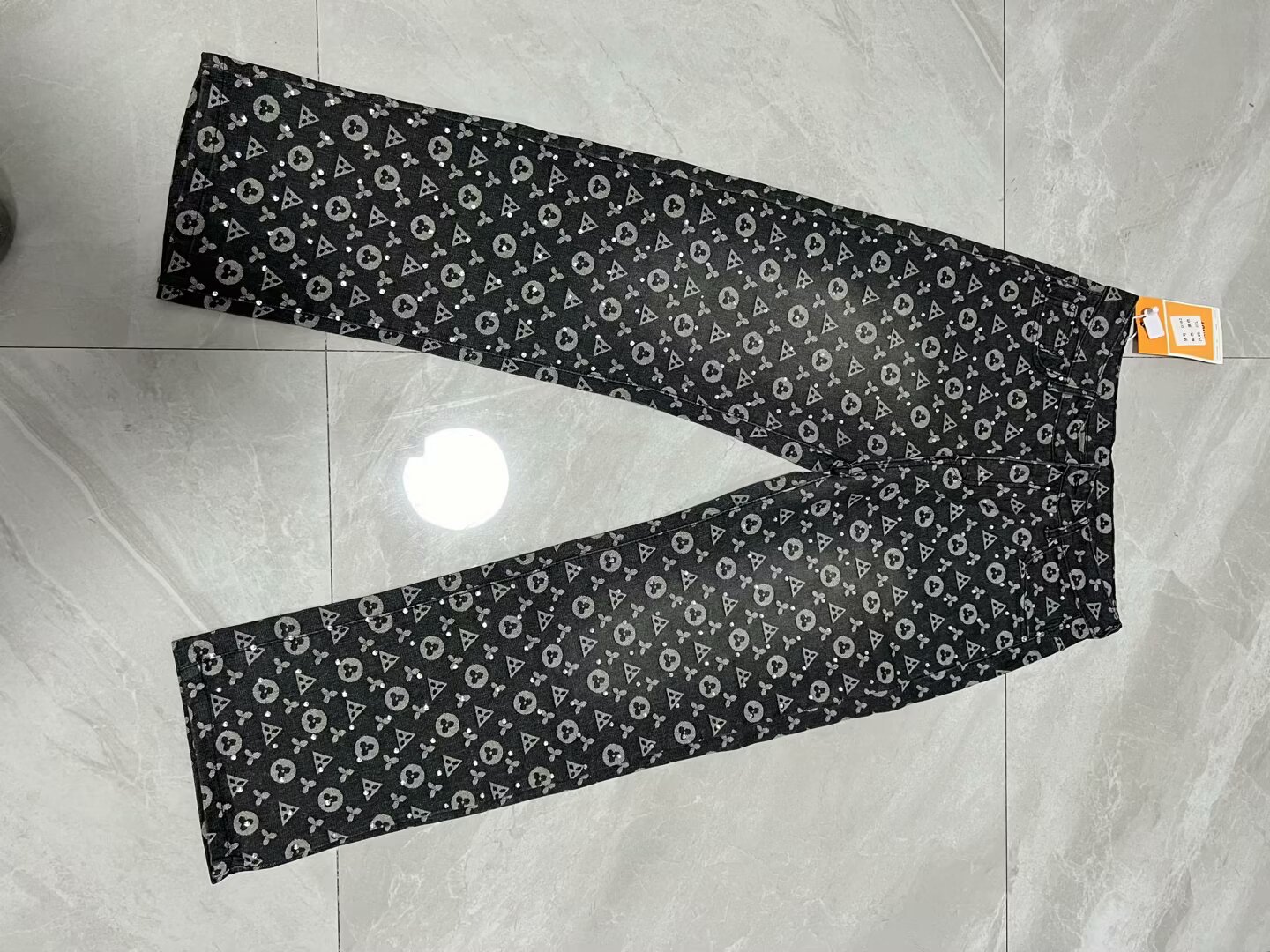 Men's Vintage Washed Denim Jacquard Printed Pants Straight-Leg Cut Retro High Street Aesthetic Jeans_mkmklike.com