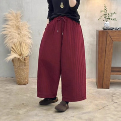 古咖服饰灯芯绒坑条绗线夹棉阔腿裤女式松紧腰系带宽松加厚保暖裤