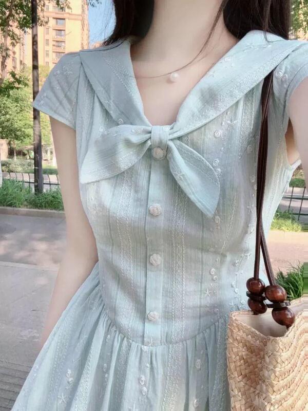 2026 Summer New Style, This Year's Trendy Elegant Waist-Cinching Dress, Blue Dress, Navy Collar Dress, Blue