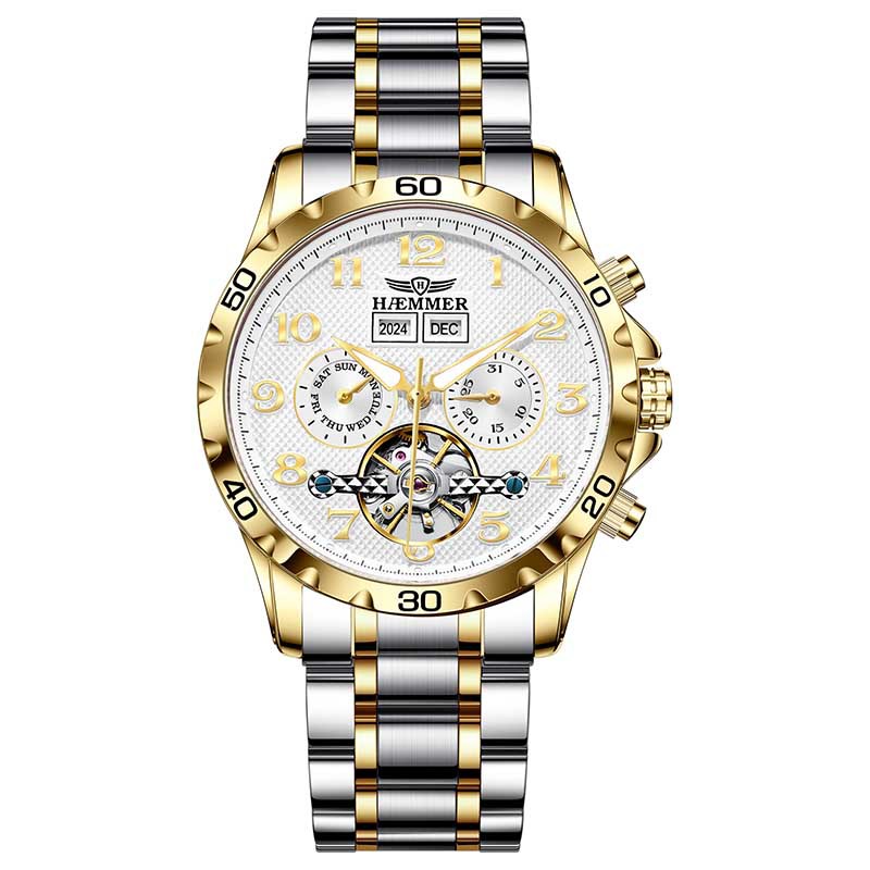 Đồng hồ nam automatic lộ máy dây thép — Dải thép đen, Dải thép trắng