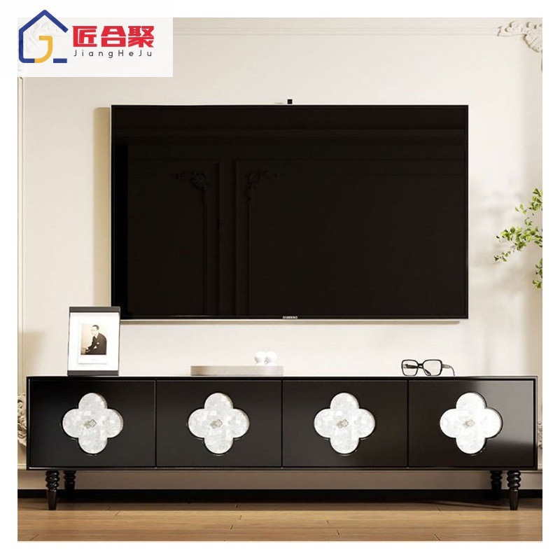 French Tv Cabinet Light Luxury Living Room Tv Cabinet Solid Wood Side Cabinet Decorative Cabinet Retro Four-Leaf Clover Shell Tv Cabinet