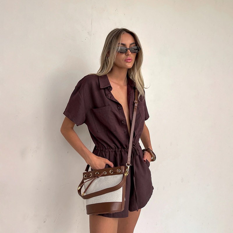 YJ25039 camisa de cuello de cintura de color sólido, pantalones cortos de manga corta, mujeres 2025 Europa y América nueva camisa casual transfronteriza