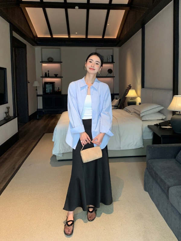 pusumede白色长袖衬衫女春季新款韩系宽松休闲衬衣设计感小众上衣|undefined
