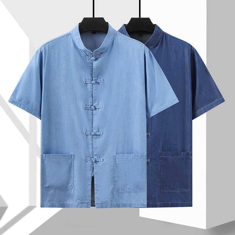 2024 Summer Chinese Style Men's Denim Summer Trendy Retro Button Tang Suit Short Sleeve Shirt Half Sleeve Shirt Plus Size Men