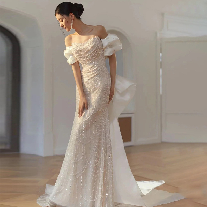 2026 New Style Light Wedding Dress, Off-Shoulder Bridal Gown for Toasting, High-End Light Luxury Niche Mermaid Engagement Dress 2026 New Style Light Wedding Dress, Off-Shoulder Bridal Gown for Toasting, High-End Light Luxury Niche Mermaid Engagement Dress
