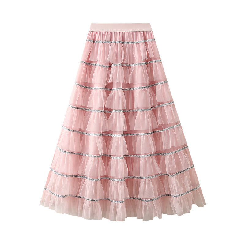Sweet Sequin Mesh Stitching A-Line Cake Skirt for Women Autumn and Winter New High-Waist Slim Mid-Length Skirt 8073