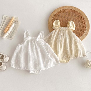 Baby Jumpsuit Summer New Sweet Bow Newborn Baby Girl Jacquard Princess Mesh Suspender Skirt