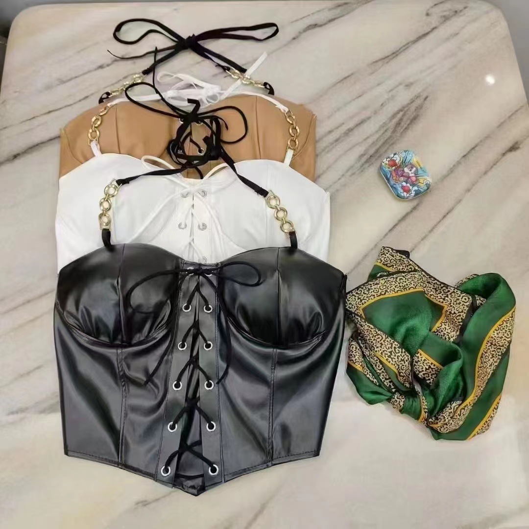 Black PU Leather Belt Waist Tube Top Hanging Neck Base Shirt Halter Vest Women's Outer Wear Spice Girl Sexy Inner Top