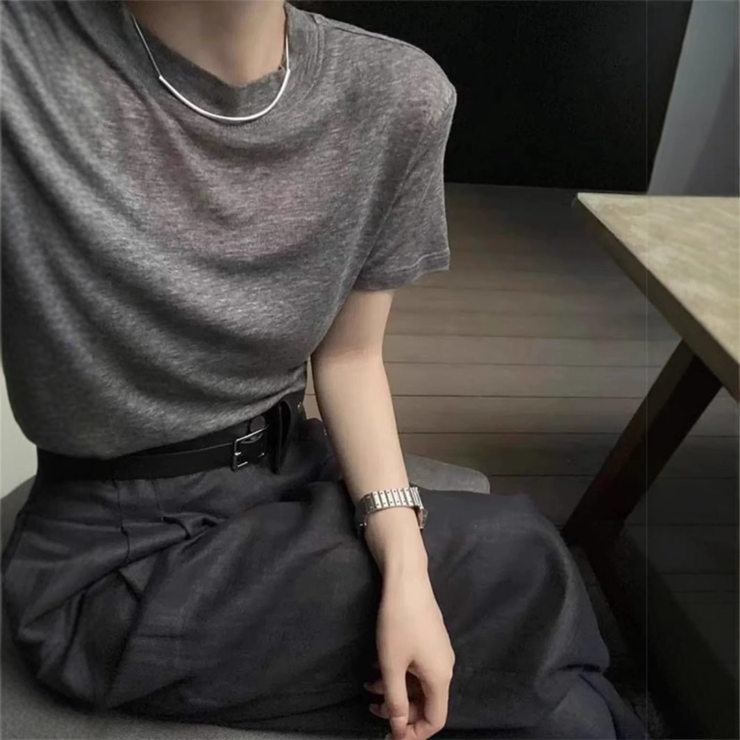时尚简约薄款扬子纱羊毛短袖针织衫女T恤26夏季宽松显瘦圆领半袖