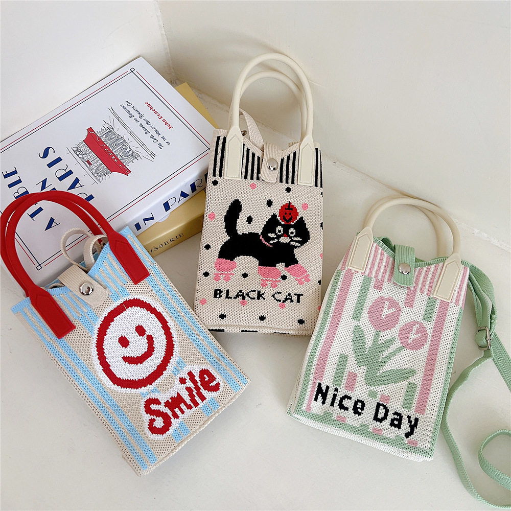 108g Weight Polyester Lining Material Buckle Closure Type Top Handle Strap Type Handbag Bags Type Casual, Daily Occasion Knit Material Cat Pattern All Seasons Season Women's Gender Vintage Style, Classic Style Style Bucket Shape Small Size Women's Small Knit Cat Vintage Style Classic Style Bucket Buckle Handbag 5