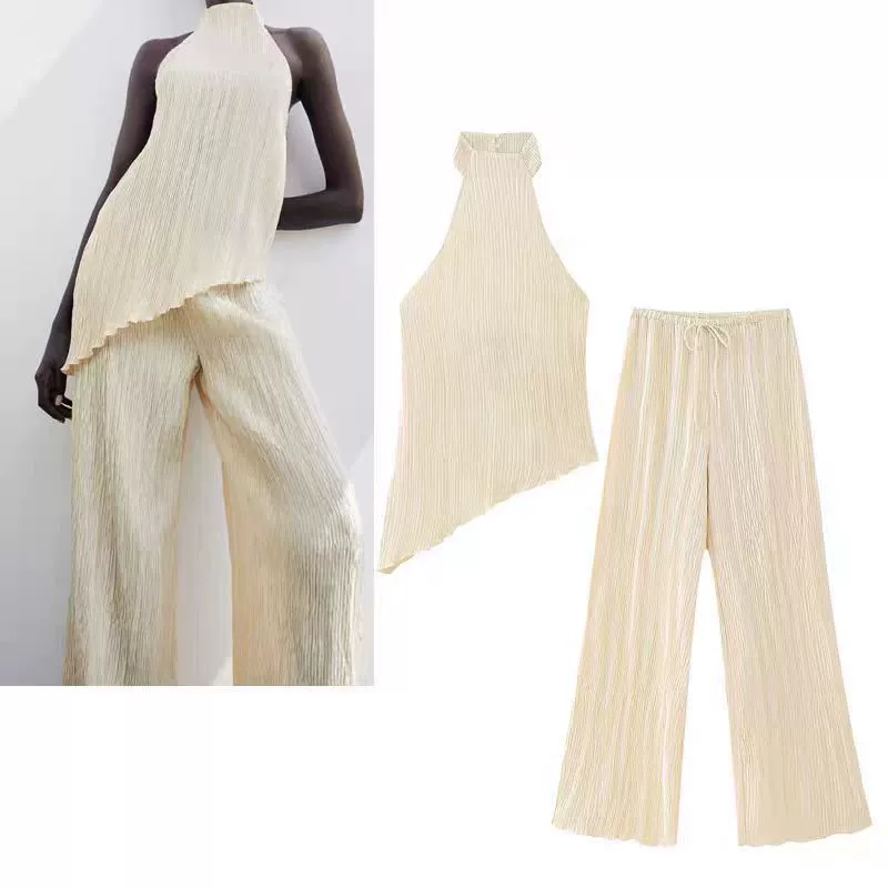 Трансграничный Amazon AliExpress женская асимметричная шея топ эластичная талия повседневная складка брюки костюм женский