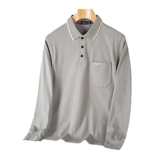 Cotton Spring and Autumn Long-Sleeve Collar Pocket T-Shirt for Men, Father's Autumn Outfit Top, Middle-Aged and Elderly Men's Casual Base Shirt