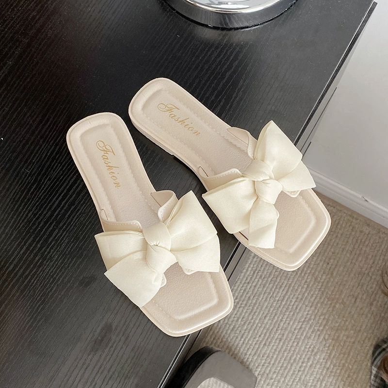 Французские тапки высокого уровня женские туфли с бантом фея летом носить супер огонь, нескользкие плоские пляжные туфли сандалии