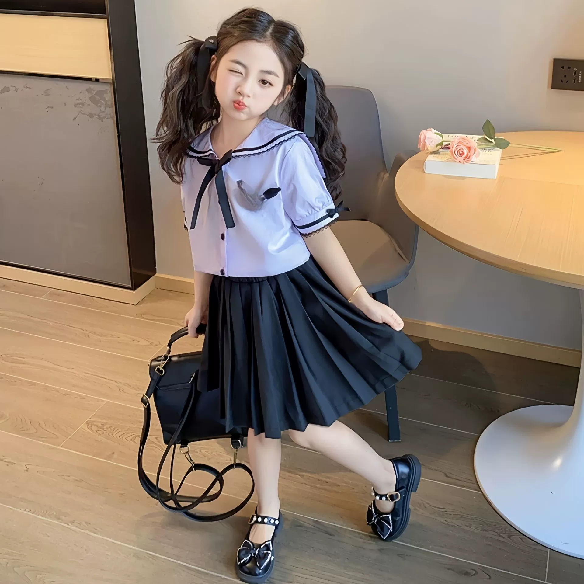 Summer children's set, small princess costume, student pleated skirt, Lolita style, cosplay, with short sleeve