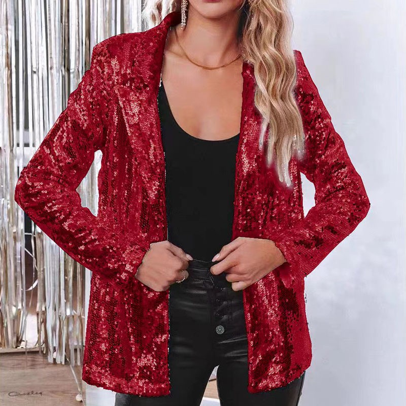 AliExpress eBay europeo y americano casual sequined Top sequined manga larga estilo de cercanías solapa temperamento pequeño traje chaqueta