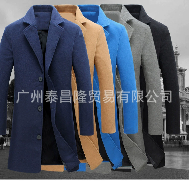 Европейский и американский экспорт осенне-зимней новой повседневной мужской однотонной ветровки средней длины большого размера, простая модная шерстяная верхняя одежда