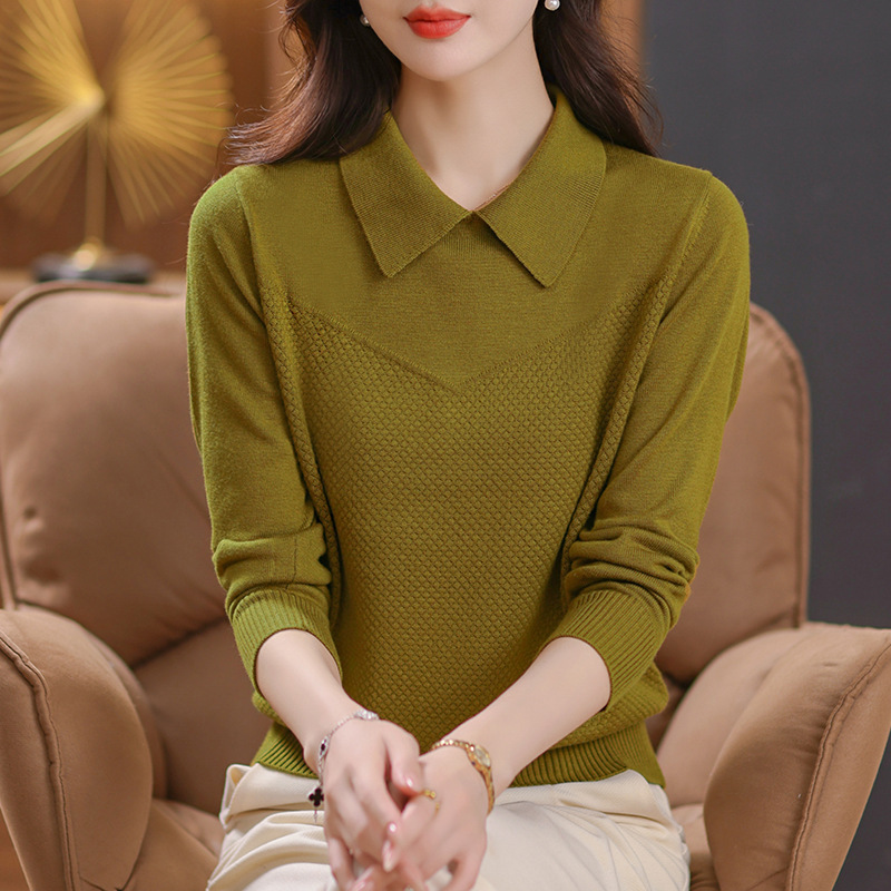 专柜翻领毛衣女春秋季洋气简约针织打底衫外穿上衣优雅羊毛打底衫