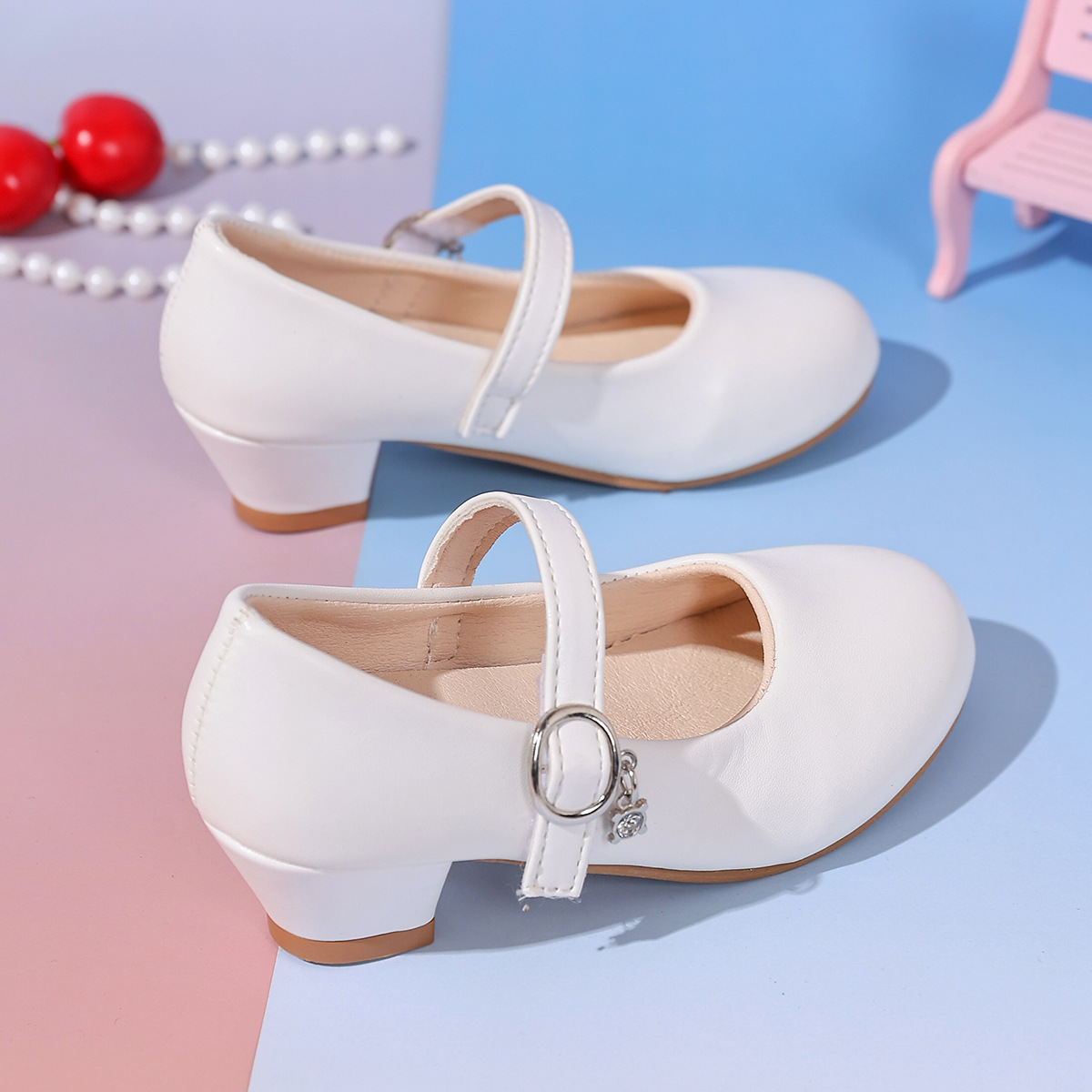 Girls' Wedge High Heels Solid Color Foreign Trade Large Size Spring and Autumn Accessories Small Leather Shoes