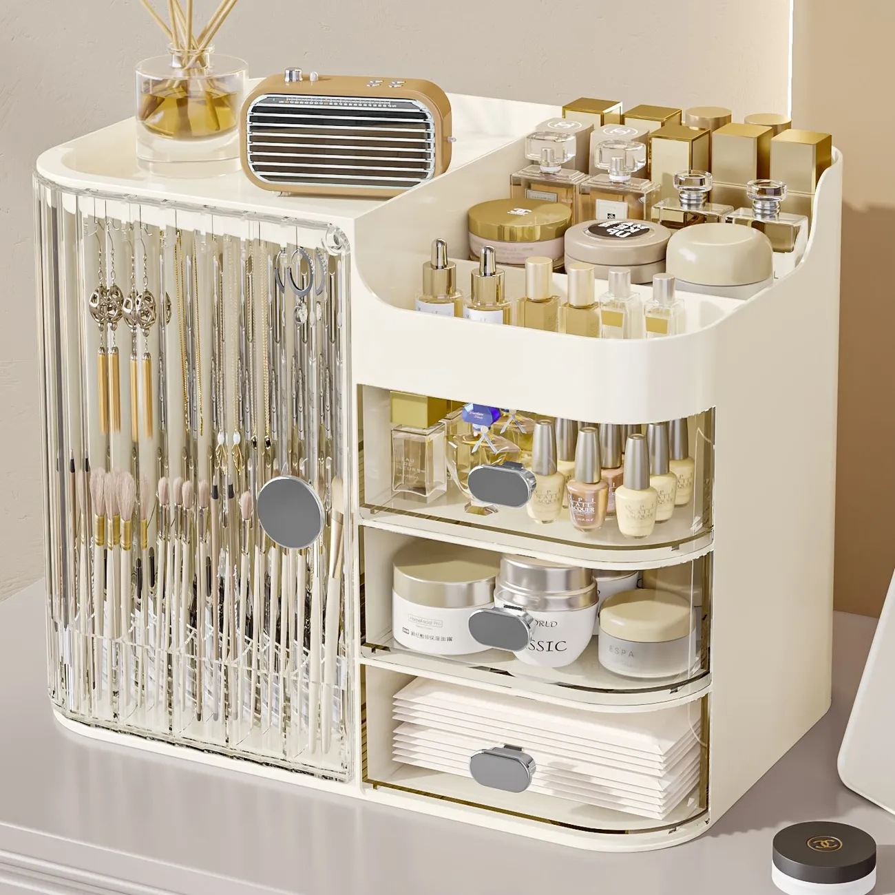 cubierta cosmética mesa de almacenamiento a prueba de polvo para productos de cuidado de la piel comedor de gran capacidad tipo cajón estante de maquillaje de belleza
