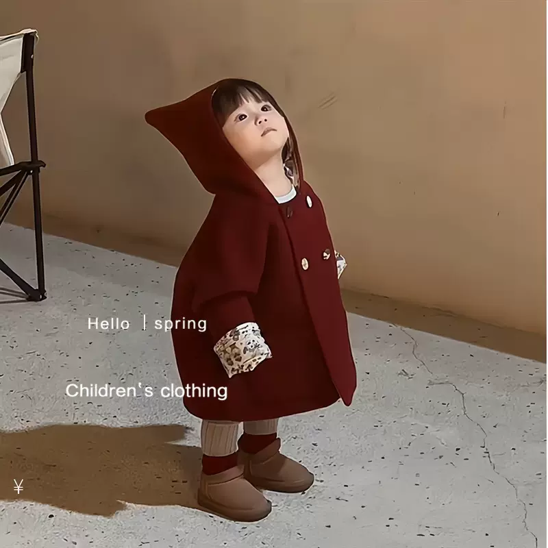 韩国童装女童红色圣诞节精灵帽呢大衣秋冬洋气儿童新年服毛呢外套