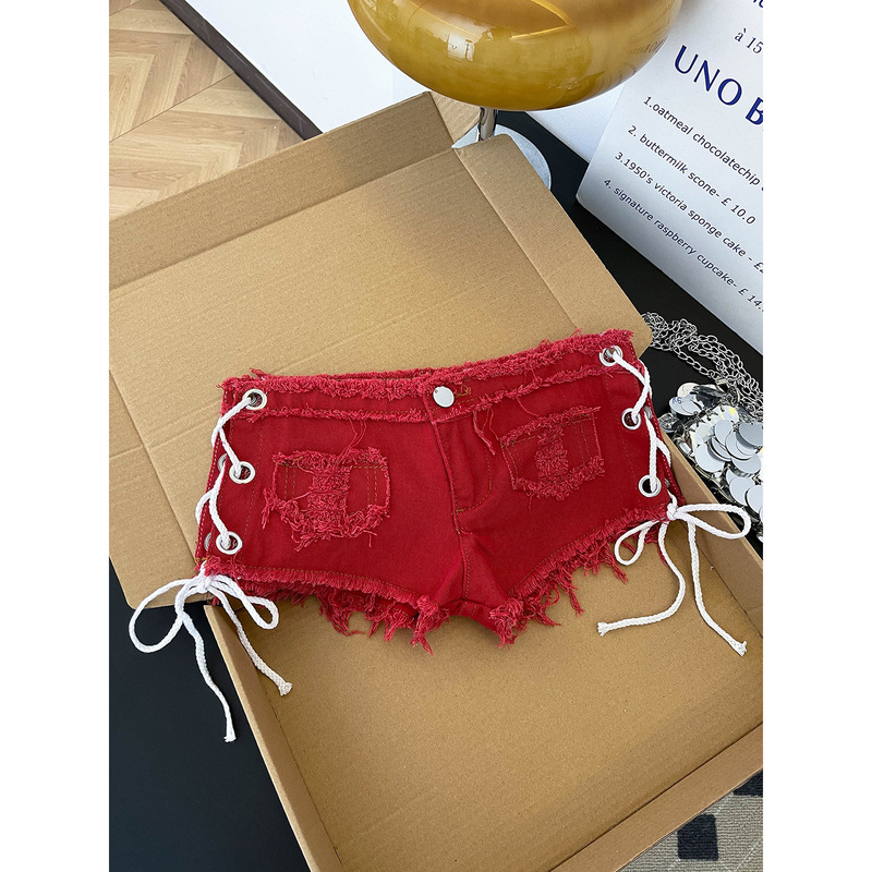 Low-waisted, hip-hugging nightclub denim super shorts for women, with hollow-out straps, edge-rubbed, butt-lifting, Y2K sexy hot pants