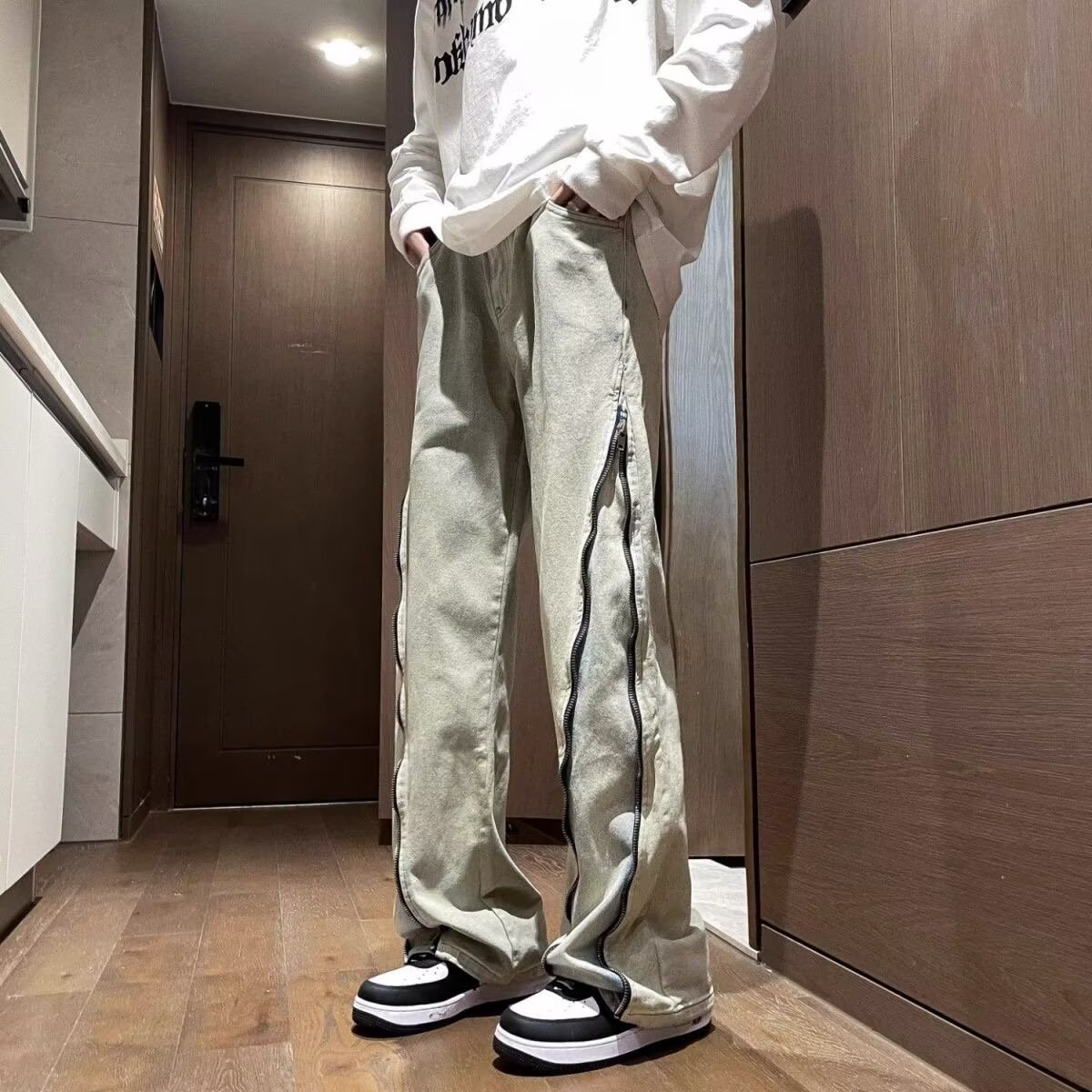 Retro High Street Washed Yellow Mud Dyed Jeans Slim Fit Straight Leg Flattering Drape for Men And Women_mkmklike.com