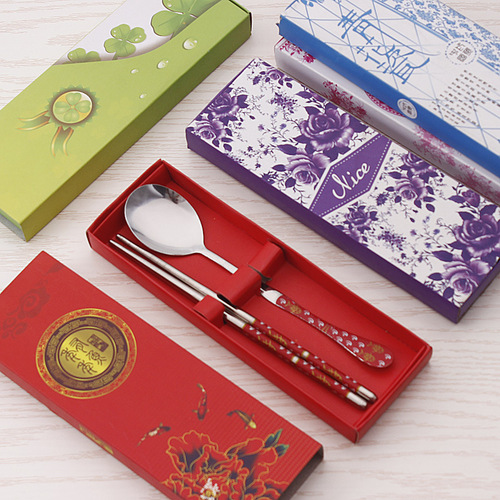 Stainless steel portable tableware set of spoon, chopsticks, and fork (trio) - Blue and white porcelain tableware - Student outdoor travel utensil gift