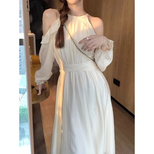Spring and autumn with off-the-shoulder artificial Tencel draping dress women's long sleeve light mature wind waist slimming long skirt early autumn