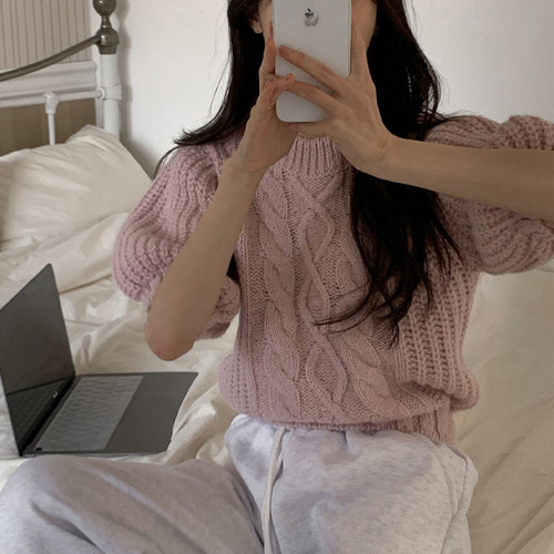 2025 Spring and Autumn South Korea Chic Gentle French Sweet Crochet Crew Neck Bubble Sleeve Short Sleeve Top