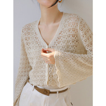 2025V领镂空喇叭袖仿天丝亚麻针织开衫女夏长袖防晒坎肩罩衫