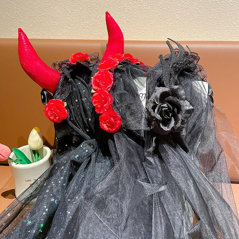 万圣节头饰红色小恶魔牛角毛绒发箍女搞怪头箍装扮拍照道具发饰品|undefined