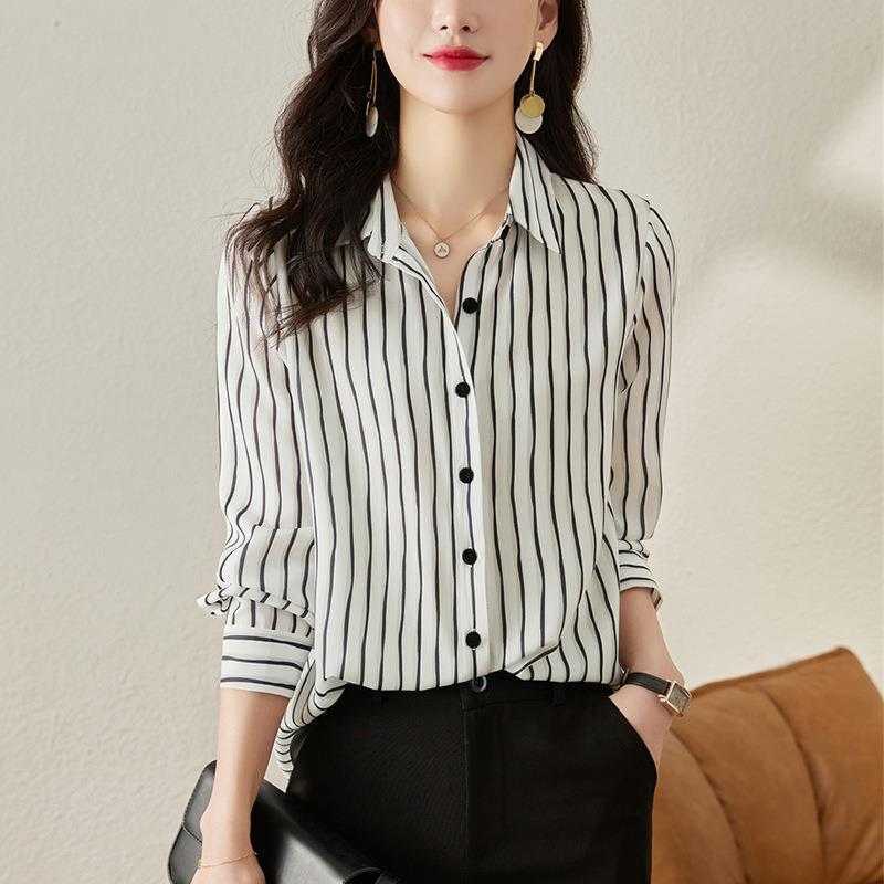 European-style striped women's long-sleeve shirt, new 2026 autumn fashion, stylish spring-autumn French chiffon blouse