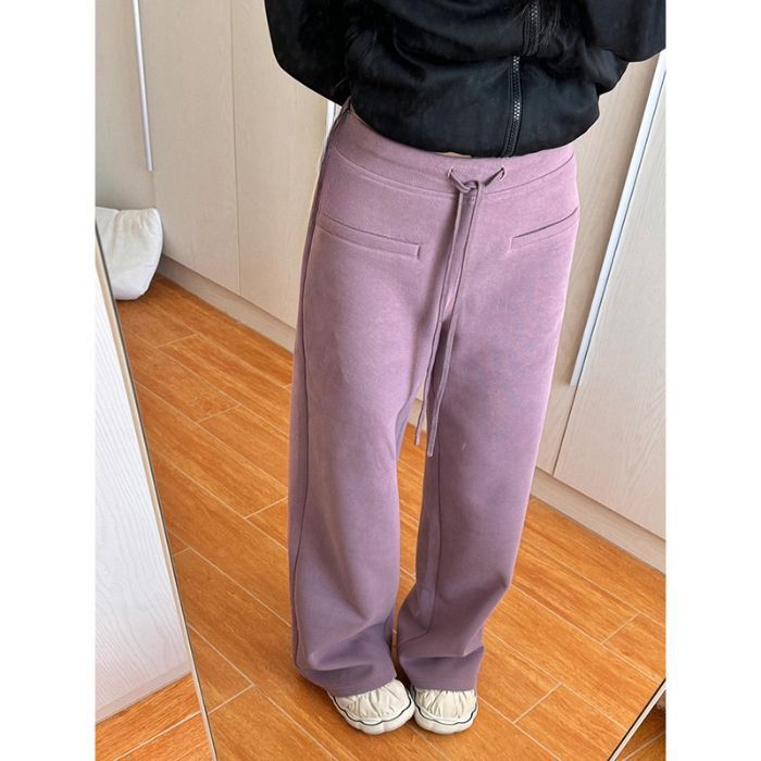 紫色窄版微喇休闲卫裤女春抽绳低腰运动阔腿裤美式vibe直筒拖地裤|undefined